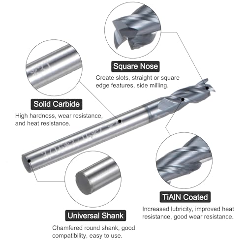 Image of uxcell Carbide Square End Mill, 3 /16 inch Diameter TiAlN Coated 3 Flutes Milling Bit Cutter, for Hardened Steel Stainless Steel Alloy Metal, 3 /16 inch Shank 9 /16 inch Cut Length 2 inch Long HRC55