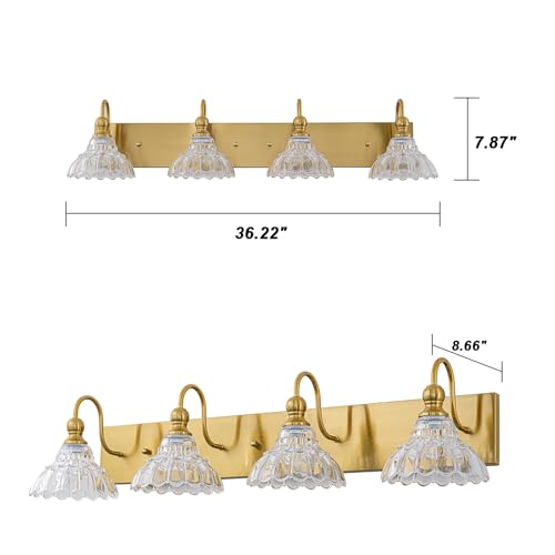 Image of EDISLIVE Vintage Vanity Light for Bathroom Gold 4-Light Bath Wall Light Fixture with Clear Flower Glass Shades 36.22 inch E12 Antique Wall Sconce for Bedroom Hallway Living Room Vanity Mirror