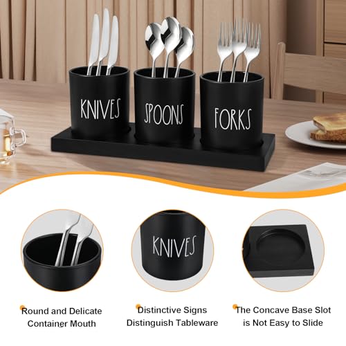 Alpiriral Silverware Caddy, 4 Pieces Kitchen Utensil Holder For Countertop, Black Utensil Holder For Party, Silverware Holder For Party With Wood Tray, Farmhouse Cutlery Holder Storage Organizer thumb #2