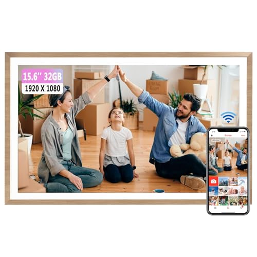 Frameo Digitaler Bilderrahmen 15,6 Zoll WLAN,1920x1080 FHD IPS Touchscreen Smart Fotorahmen Groß mit 32GB WALN Fernfreigabe von Fotos und Videos mit Kalender Wetter Musik
