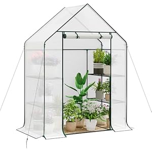 WOLTU Foliengewächshaus, Tomatengewächshaus für Garten Balkon, Indoor & Outdoor, Metallgestell, Gewächshaus mit 3 Ablagen, für Frühbeet Gemüse Blumen, 143 x 195 x 73 cm, Weiß