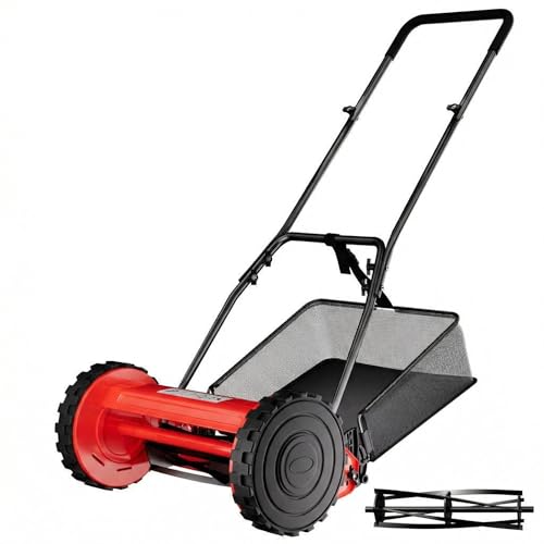 Push Reel Lawn Mower 14-Inch 5-Blade, Cordless Manual Reel Lawn Mower with Grass Catcher Bag, 4-Position Cutting Height Adjustment