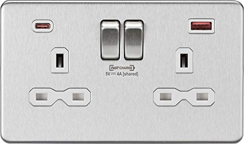 Image of Knightsbridge SFR9909 Screwless Twin Switched Socket with Dual Fastcharge USB A+C Ports in Brushed Chrome with White Insert
