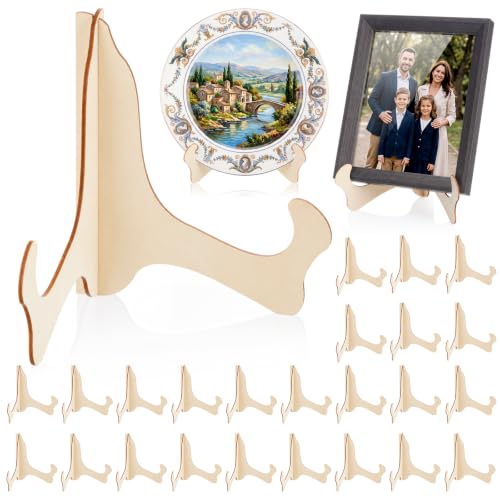 Image of RattanView 8 inch 24 Pcs Wooden Plate Stands for Display Picture Holder Stand | Detachable Wooden Easel Plate Display With 3D Interlocking Design, Stable Holder For Photos, Frames, Weddings And Exhibits