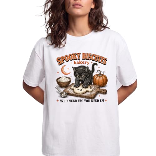 Spooky Biscuits Bakery Cat Halloween Unisex Tee, White, Medium