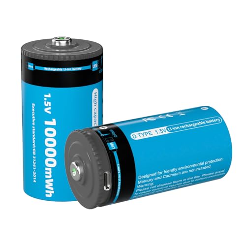 Pilas de Litio D Recargables Paquete de 2 Batería D Alto Rendimiento 10000mWh 1,5V para Linternas, Radios, Relojes, Estéreos, Etc