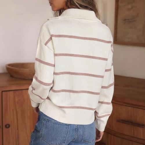 Womens Quarter Zip Striped Sweater Oversized Turtleneck Pullover Top - image 6