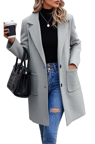 Image of ECOWISH Women Coat Trench Jacket - Winter Long Sleeve Peacoat Fall Mid-Length Lapel Cardigan Overcoat with Pockets Light Gray L