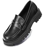 Loafers for Women Chunky Heeled - Work Shoes Platform Lug Sole Memory Foam Mocasines para Mujer Black