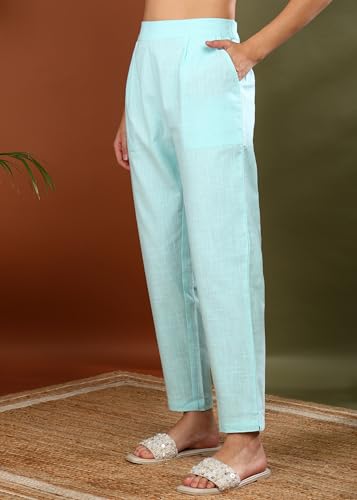 Image of Yash Gallery Women's Regular Fit Mid Rise Solid Cotton Slub Ankle Length Regular Trouser Pant