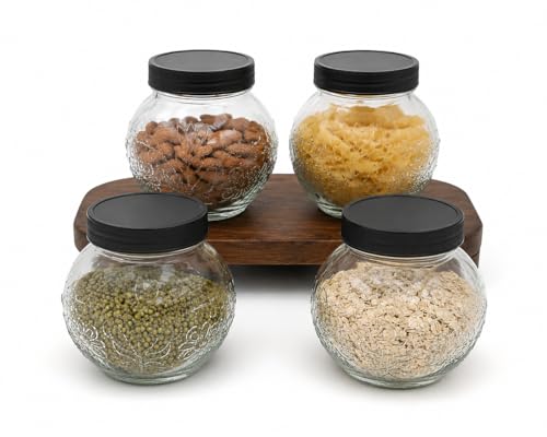 Image of Designer Transparent Glass Storage Jar with Black Plastic Airtight Lid, 900 ML Food Grade Kitchen & Pantry Storage Container, Size 8 X 14 X 14 cm, Ideal for Pulses, Dry Fruits, Pack Of 4