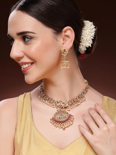 Image of Shining Diva Fashion Stylish Fancy Pearl Choker Traditional Jewellery Set for Women | Temple Necklace Set | Festive Wedding Party Necklace | 22k Gold Plated | Just Like Original Gold Jewellery