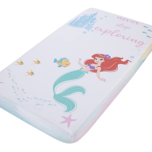 Image of Disney Ariel Watercolor Wishes Aqua, Pink and White Never Stop Exploring 100% Cotton Photo Op Fitted Crib Sheet