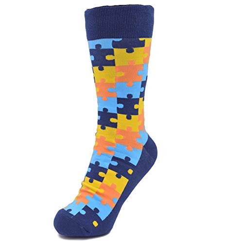 Mandujour Autism Awareness Dress Socks - Navy, Orange & Yellow Puzzle Pattern