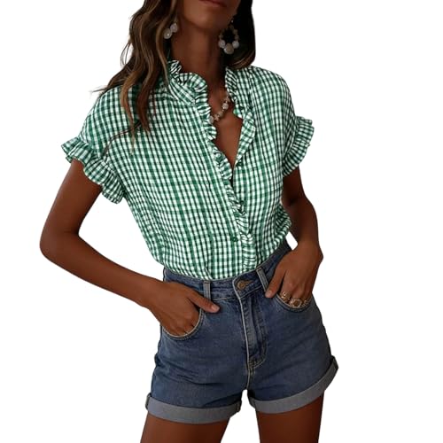 Image of Checked Shirts Womens Gingham Check Short Sleeve Blouses Button Down Shirt Ruffle Trim Stand Collar Blouse Casual Loose Fit Summer Top for Ladies Daily Wear Green M