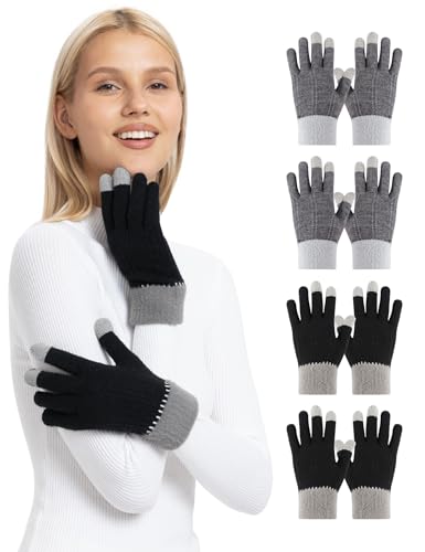 ORVINNER Winter Gloves for Women 4 Pairs Womens Touch Screen Warm Lining Stretchy Thermal Knitted Gloves for Cold Weather 2 Black / 2 Grey Pack