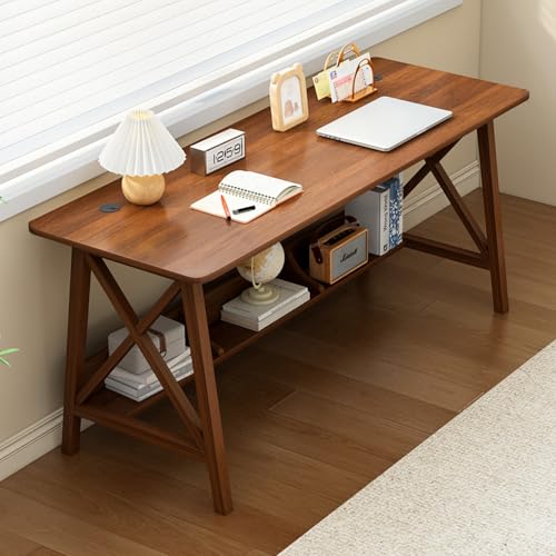 NELYE Modern Holz Schreibtisch mit Regal - 140 x 50 x 75 cm Stabiler PC Tisch mit Massivholzbeine für Heimbüro