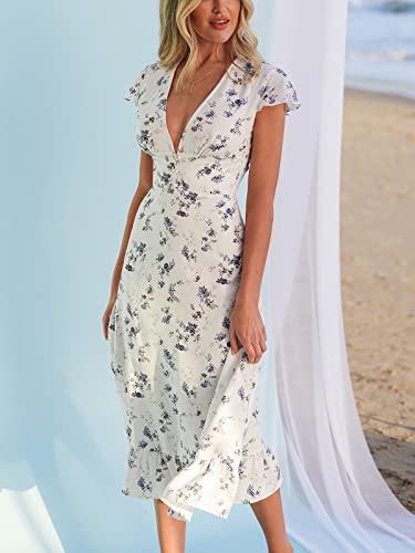 Cupshe X Madison Women's V Neck Ruffle Cap Sleeve Long Dress Floral Print Formal Dress Button Front Flounce Hem Long Maxi Dress #TOP6