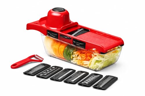 Cortador de Legumes Mandolina Multifuncional 6 em 1 com Lâminas em Aço Inox e Recipiente Coletor – Fatiador, Ralador e Picador para Cozinha