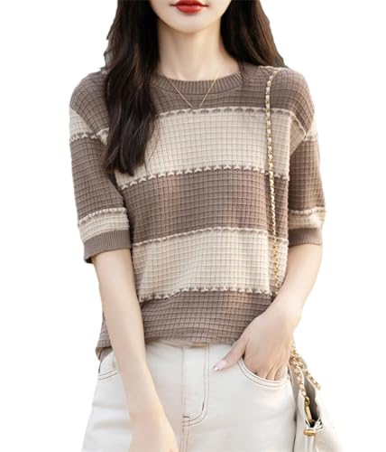 T-shirt en coton respirant Kelsiop pull d'été tricoté col rond ample