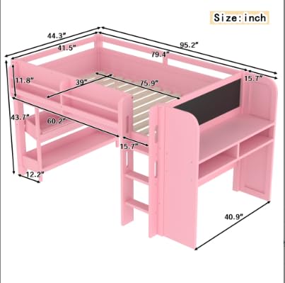 Image of Twin Loft Bed with Multi-Storage Bookcases, Boxes and Drawers, Solid Wood Low Loft Beds with Desk and Blackboard, No Box Spring Needed (Pink-01)