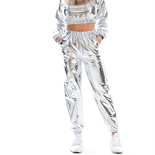 Womens Shiny Metallic High Waist Jogger Pants Hip Hop Clubwear Holographic Trousers Sweatpant 70s 80s Disco Outfits