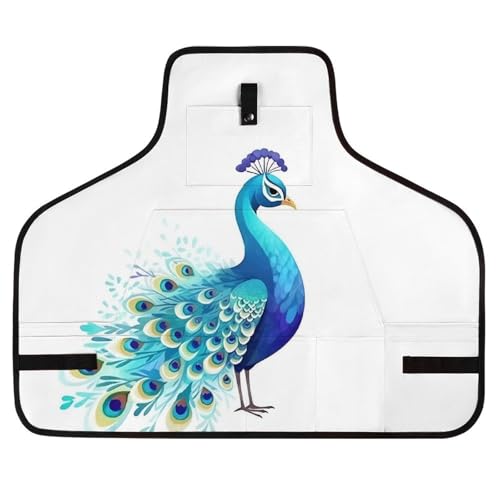 Delantal de trabajo azul con diseño de pavo real