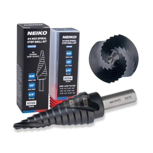 Image of NEIKO 10609B Step Drill Bit, 12 Steps 3 /16 inch to 7 /8 inch Spiral M35 Cobalt, AlTiSiN Coated, 3 /8 inch Tri-Flat Step Bits for Steel, Metal, Wood, Plastic, Unibit Cone Drill Bits, Two Flute