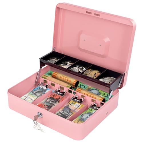 Aumerage Metal Cash Box with Security Lock & 2 Keys - 4 Bill/5 Coin Tray Storage, Large Lockable Money Box for Small Business/Home (Pink)