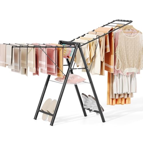 APEXCHASER Foldable Clothes Drying Rack, Metal Laundry Drying Rack Collapsible, Ultra Thin Clothes Rack for Sweater Bra Towel for Indoor & Outdoor Use, Height Adjustable Gullwing Clothes Airer, Black by APEXCHASER - Used condition - US$42.50