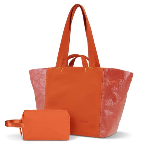 Lightweight Carryall Tote Bag for Women, 25L Expandable Travel Work Bag with Tablet Sleeve, Gym Tote with Yoga Mat Holder & Wet Dry Pocket, 3-Piece Set with Shoe Bag & Cosmetic Pouch (Orange