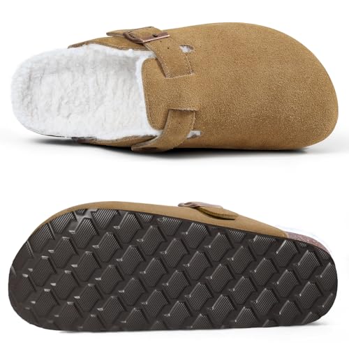 Image of KIDMI Women's Fur Lined Genuine Suede Clogs Fuzzy Cork Footbed Potato Shoes | Adjustable Metal Buckle, Non-slip Rubber Soles, Cushioning, Cozy and Warm, Supportive, Indoor, Outdoor, Winter, Casual