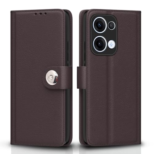 Image of Pikkme Flip Cover Leather Finish | Inside TPU with Card Pockets | Wallet Stand and Shock Proof | Complete Protection Button Flip Case for Oppo Reno 13 5G(Coffee)