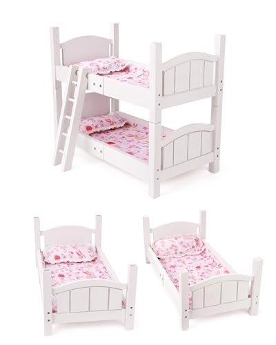 BABESIDE Reborn Baby Dolls Crib with Bedding, Wooden Babys Doll Bunk Bed for 17-20 Inch Dolls, Reborn Baby Doll Bunk Bed with Ladder Removable, Doll Bed for Gift, White