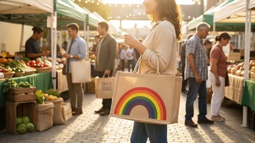 Image of KAF Home Jute Market Tote Bag with Handles, Rainbow, 12.5 inch x 17 inch x 7 inch, Kaf Jute Market Tote