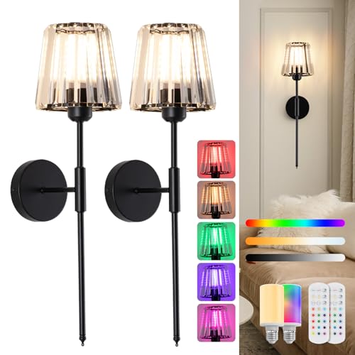 Image of EIDISUNY Battery Operated Crystal Wall Light Set of 2, Wireless Wall Lamp with RGB Rechargeable Dimmable Bulbs, Crystal Wall Sconce with Remote for Bedroom, Living Room (Bulbs Included)