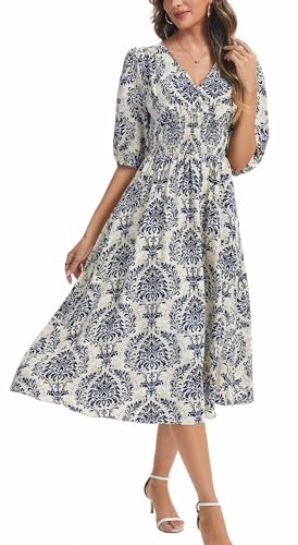 Image of Kormei Women Casual Boho V Neck 3 /4 Sleeve Smocked Waist A Line Flowy Swing Midi Dress Smocked Long Dress