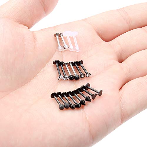 SCERRING 9 Pairs 16g Stainless Steel Clear Cubic Zirconia Labret Monroe Lip Tragus Cartilage Helix Earring Ring Body Piercing Jewelry 8mm3