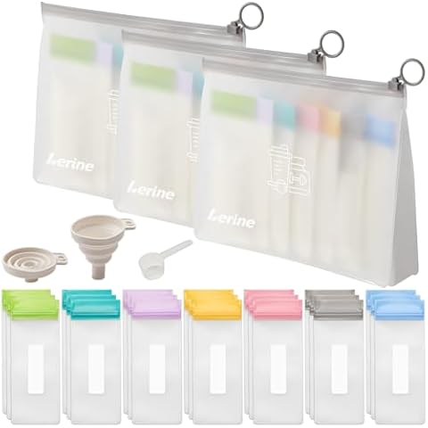 Protein Powder Travel Container Set - Reusable Protein Powder Container To Go - 21Pcs Single Dose Bags & 3Pcs Large Zip Bags - Portable Supplement Storage Container with Funnel, Spoon Cover