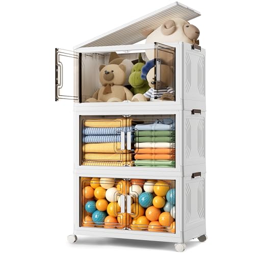 BTGGG 3 Pack Storage Boxes with Lids 69L*3 Plastic Foldable Storage Boxes with Wheels, Stackable Collapsible Lockable Cube Crate Bins for Home Organization Camping