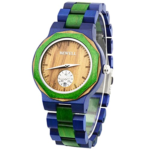 Bewell Wooden Watch,Casual Analog Quartz Polygon Wood Watches for Men with Wood Bracelet Unique Gift