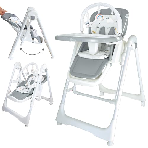 Twinly - Trona bebé Evolutiva Hamaca columpio multifunción Movity PRO con arco de Juguetes - Plegable y ajustable con Reductor Arnés 5 puntos y Bandeja extraíble - 0m+ a 15kg (Gris, Movity Pro)