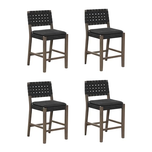 Image of Nathan James Cohen Mid-Century Modern Suede Bar Stool, Counter Height Chair in Solid Wood Frame with Footrest and Woven Suede Back for Kitchen, Black, Set of 4