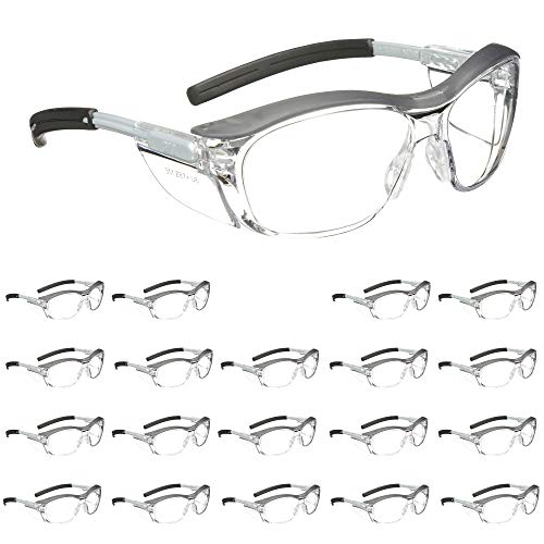 3M Safety Glasses, Nuvo, 20 Pack, ANSI Z87, Anti-Fog Clear Lens, Retro Gray Frame, Soft Nose Bridge, Side Shields