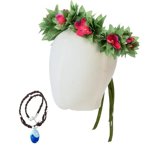 Merroyal Hawaiian Princess Costume Set Floral Garland Headband with Hot Pink Flowers Adjustable Necklace Handmade (Green and Hot Pink)