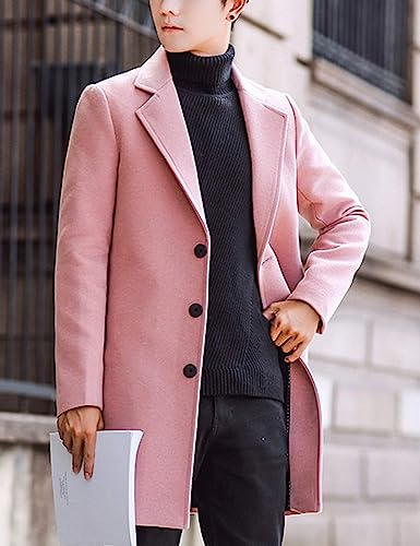 Springrain Men's Wool Blend Pea Coat Notched Collar Single Breasted Overcoat Warm Winter Trench Coat(Pink-M)