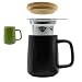Produktbild OXO Teetasse Groß 500ml Jumbotasse Keramik Tasse + Deckel und Sieb Teebecher XXL Mug Teacup Schwarz | Edelstahlsieb für Grünen, Ingwer oder losen Tee | Als Geschenk oder zu Hause + Camping (Schwarz)