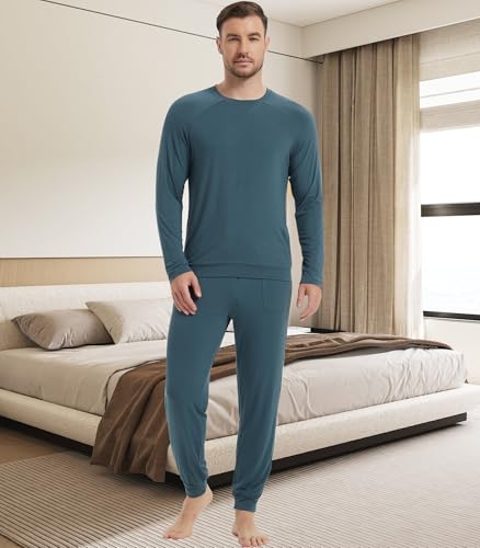 Image of NACHILA Mens Pajamas Set Long Sleeve Henley Sleepwear Top Soft Jogger Pants Pajamas Cool Pjs Set,Viscose Made from Bamboo