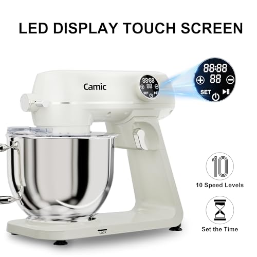 Image of 8.45 QT All Metal Stand Mixer, White | 10 Speed, Digital Timer & Tilt-Head, Whisk Dough Hook Mixing Beater, Large Capacity, For Baking, Cakes, Cookie, Bread, Salad
