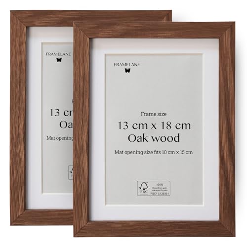 Framelane Set de 2 Marcos con Profundidad en Roble Oscuro FSC con Vidrio Acrílico Antirrayas y Antirroturas - Marco 13x18 con Passepartout - Montaje de Pared o Sobremesa Elegante